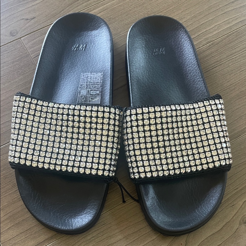 H&M Black Slides with Shimmering Rhinestone Details SZ 7-8 Brand New